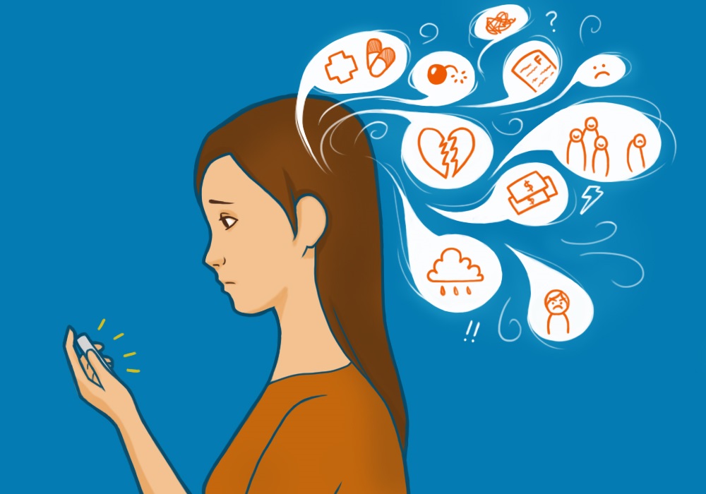 illustration of woman looking at phone with several speech bubbles depicting emotions and struggles