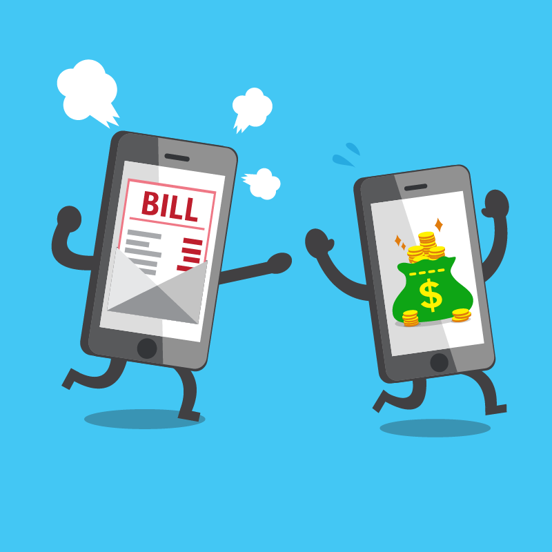 A phone showing an unexpeected bill on screen chases another phone show a bag of money.