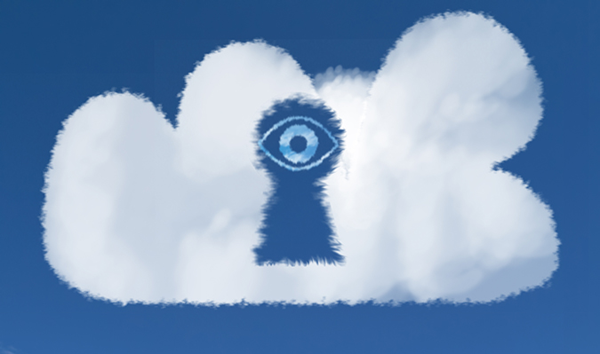 Eye peering through a keyhole in cloud