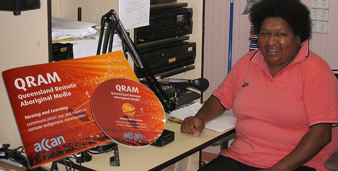 Picture of QRAM Printed material and audio CD overlaid on image of audio producer and equipment
