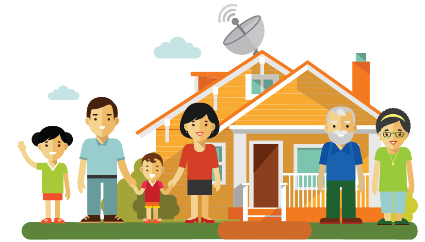family home with father, mother, two children, and grandparents and satellite dish on roof