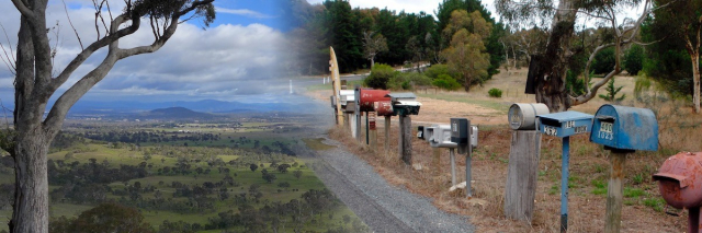 2 photos blended: one of a row of country letterboxes, the other a view over a valley, with a large eucalypt in the foreground