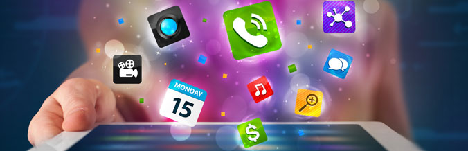 Colourful apps floating out of a tablet screen