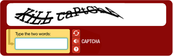 Kill Captcha Logo. Captcha screen displaying the words Kill Captcha 