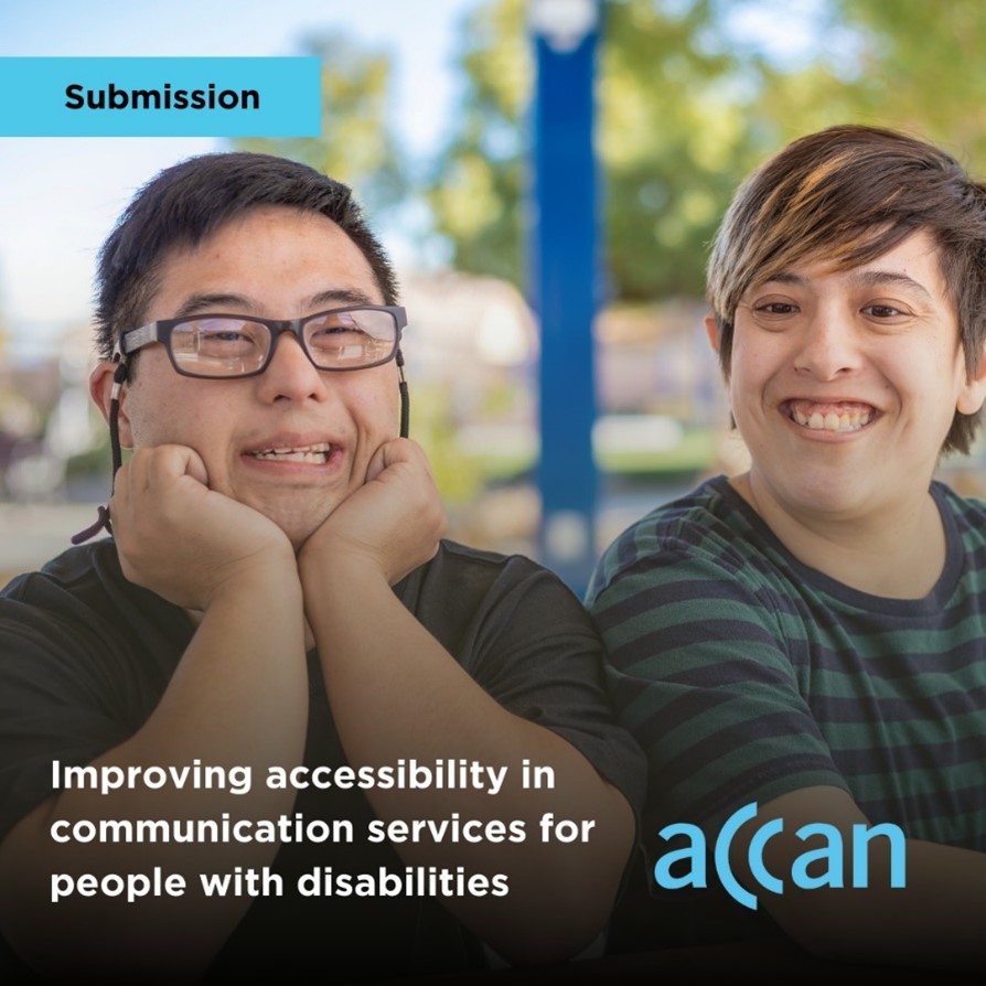 Two young men with disability looking happy. Text reads, Improving accessibility in communication services for people with disabilities