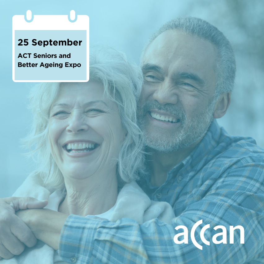 Smiling older couple.  Reads, 25 Sept ACT Senior and Better Ageing Expo