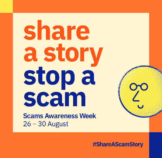 Promotional Tile:  Share a story. Stop a scam