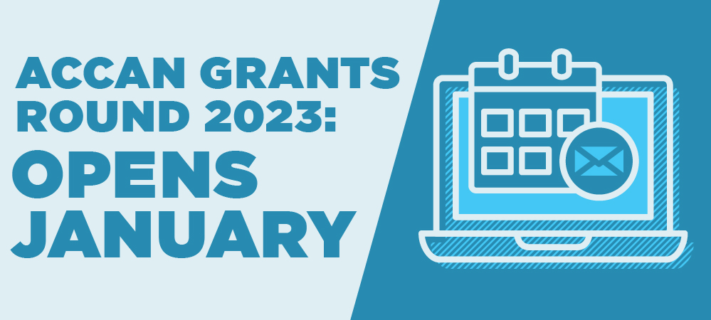 ACCAN Grants Round 2023: Opens January [icon of a laptop with a calendar]
