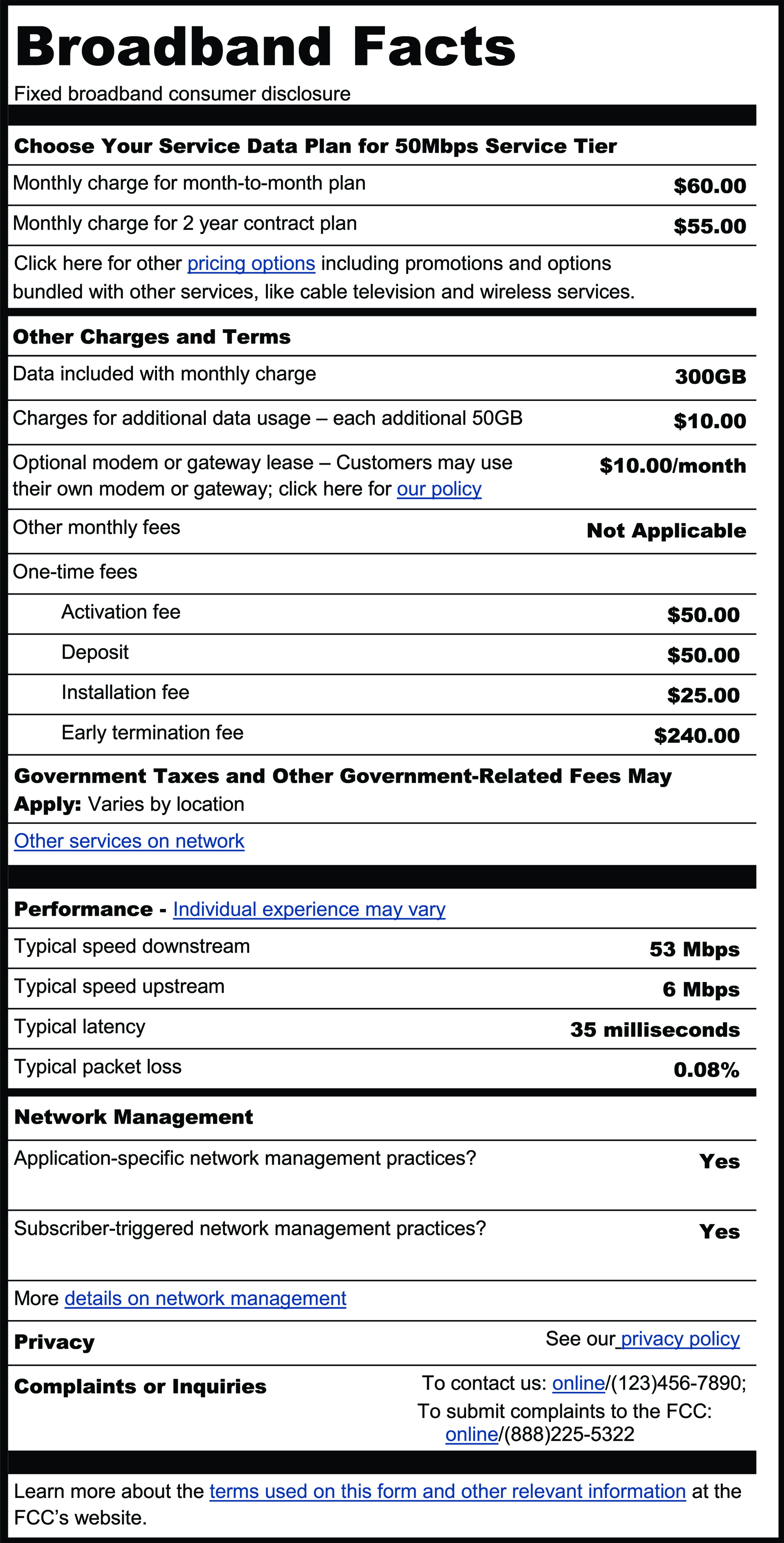 FCC broadband facts label