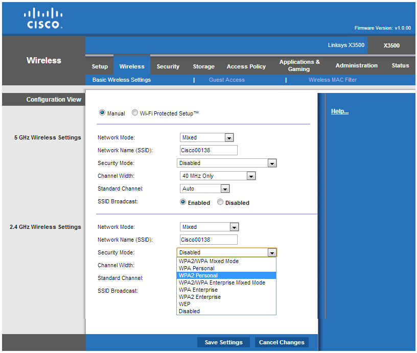 Figure 1: Sample wireless network configuration screen with wireless security option highlighted (‘security mode’)