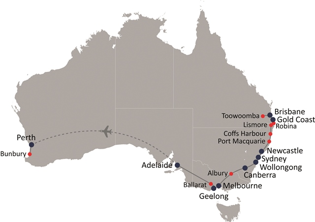 Map of Australia showing mobile benchmarking route