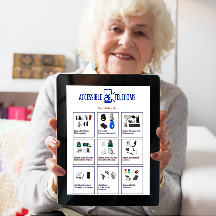 Senior lady displaying tablet AT website