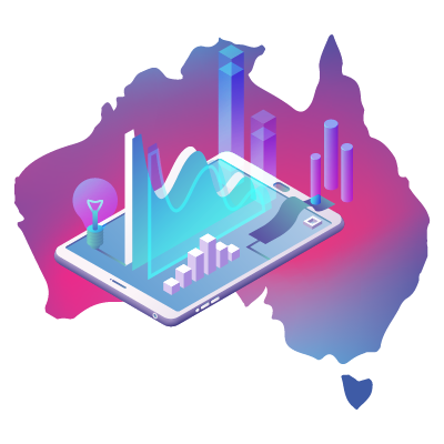 Illustration of Australian map overlayed with a tablet device and data symbols