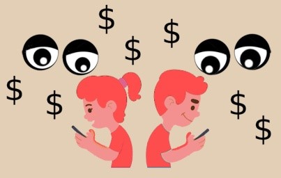 Apps Can Trap image: Two cartoon children using Apps on phones with eyes looking over their shoulder