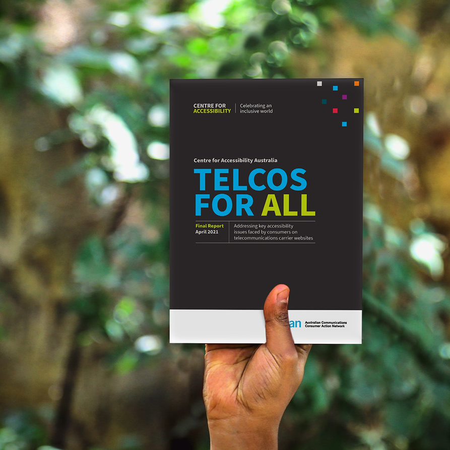 Hand holds up report cover that reads 'Telcos for all'