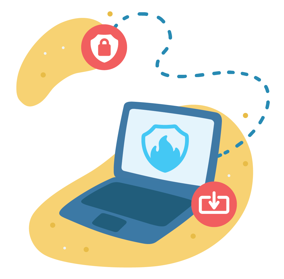 Illustration: Laptop downloading files with firewall security